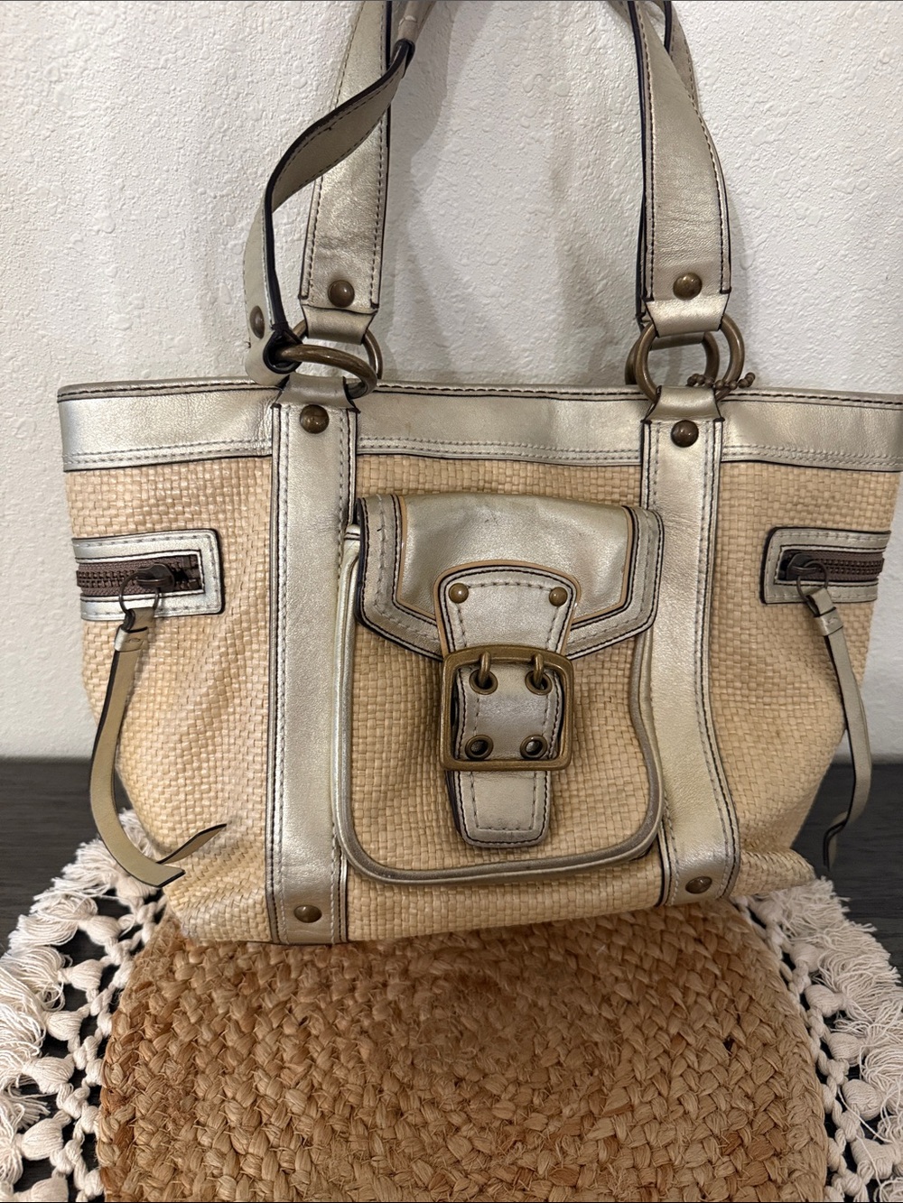 Coach Legacy Vintage Straw Metallic Gold Leather Tote Bag M05K-113 - Picture 8 of 15